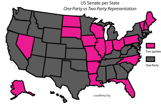 Map of the US Senate shown by States. Only those states with 2 senators from different parties are shown in color (about one in three states).